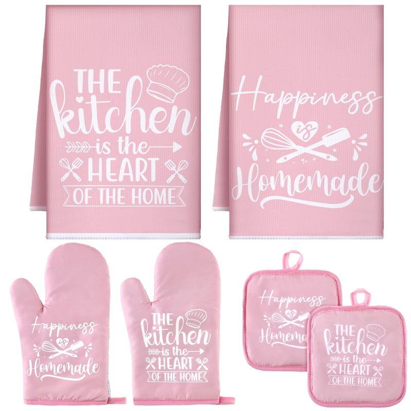 Sratte 6 Pcs Kitchen Decor Accessories Set Farmhouse Towels Pot Holders Oven Mitts Set 2 Dish Towels 2 Potholders 2 Cooking Mittens Oven Glove for Christmas Baking Cooking Supply(Pink,Kitchen) - Image 1
