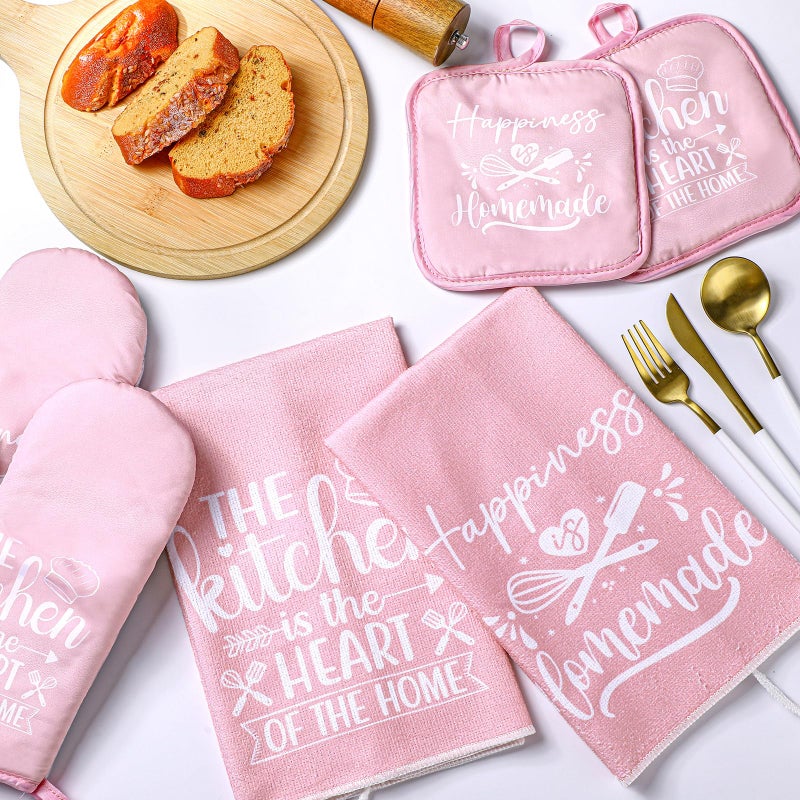 Sratte 6 Pcs Kitchen Decor Accessories Set Farmhouse Towels Pot Holders Oven Mitts Set 2 Dish Towels 2 Potholders 2 Cooking Mittens Oven Glove for Christmas Baking Cooking Supply(Pink,Kitchen) - Image 2