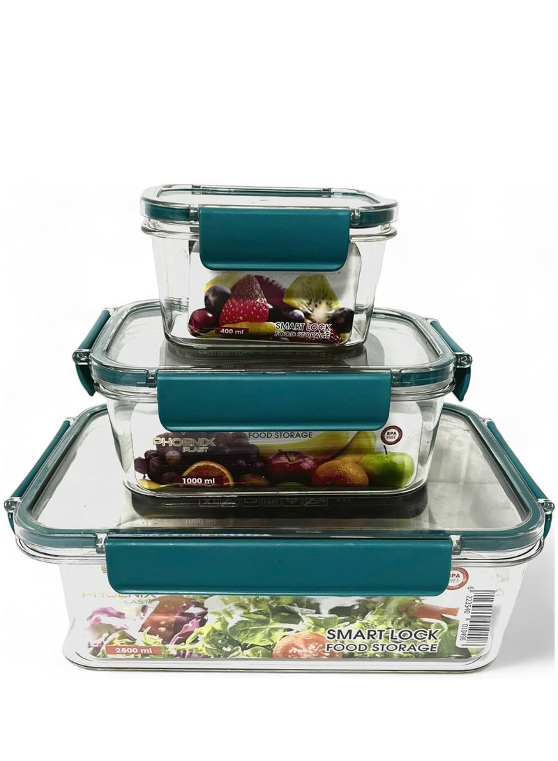 فينيكس علبة طعام للثلاجة من الاكريليك، مجموعة علب طعام مكونة من 3 قطع مع قفل محكم - جوانب سيليكون شفافة - Image 1