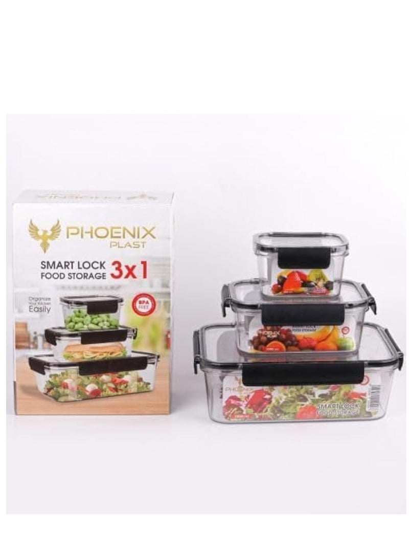 فينيكس علبة طعام للثلاجة من الاكريليك، مجموعة علب طعام مكونة من 3 قطع مع قفل محكم - جوانب سيليكون شفافة - Image 3