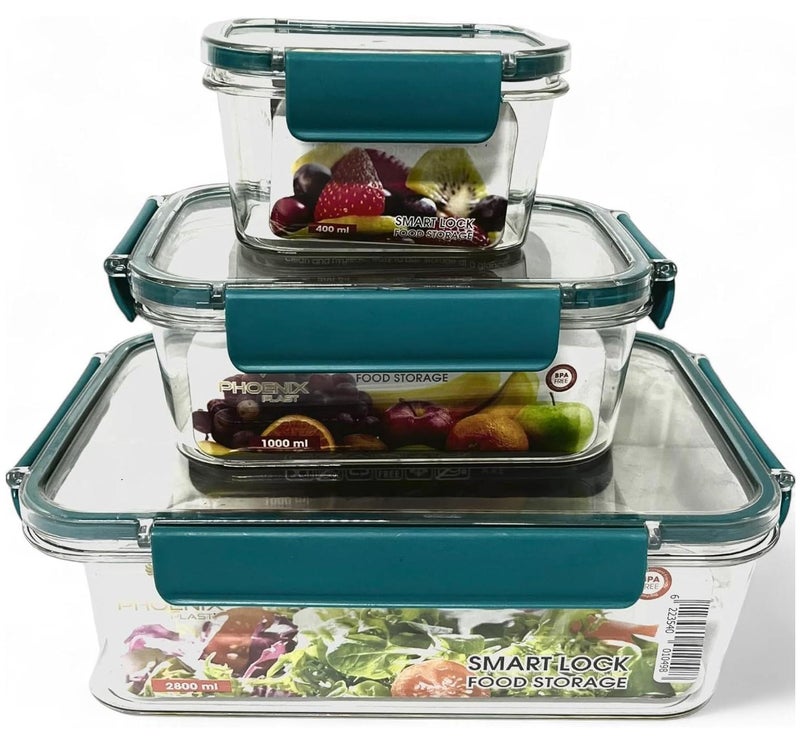 Phoenix Generic Modern Acrylic Refrigerator Food Container Set of 3Pieces with Airtight Lock - Clear Silicone Sides - Image 1