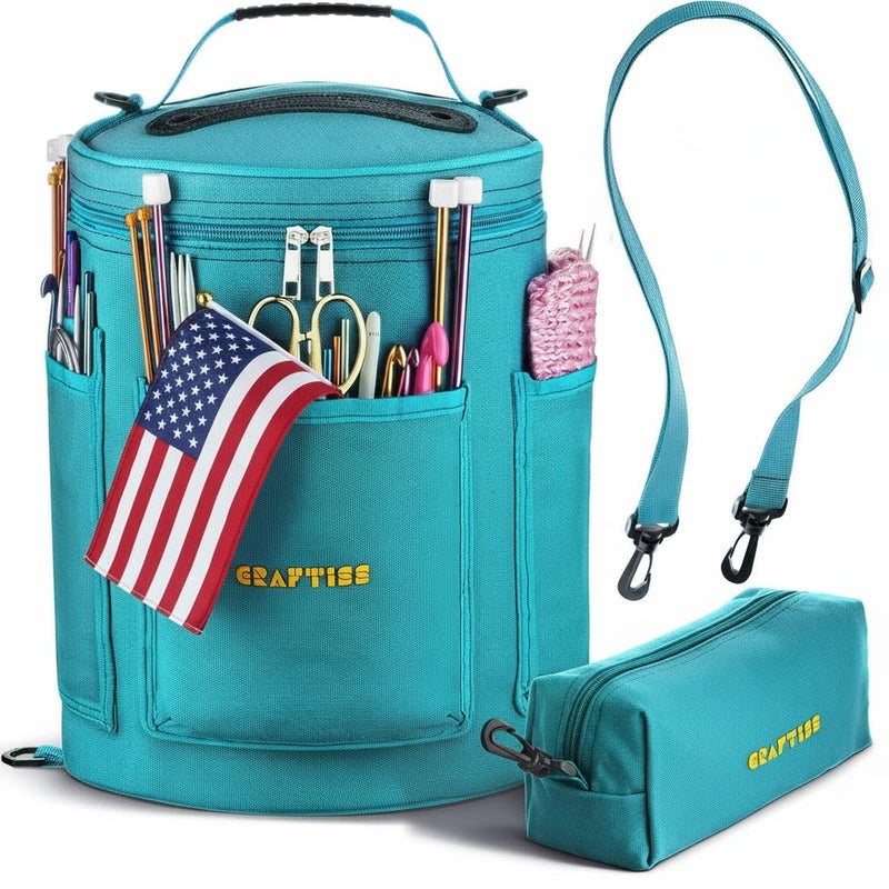 CRAFTISS Knitting Bag Yarn Storage - Christmas Gift - Durable Canvas Yarn Holder for Crochet Accessories - Organizer Crochet Bag with Knitting Accessories Case (Turquoise) - Image 1