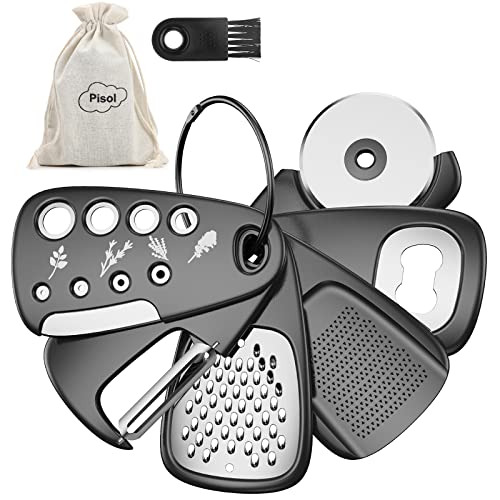 Pisol Kitchen Unique Gadgets Set 6 Pieces, Space Saving, Cheese Grater, Bottle Opener, Fruit Vegetable Peeler, Pizza Cutter, Garlic Ginger Grinder, Herb Stripper Gift Set - Image 1