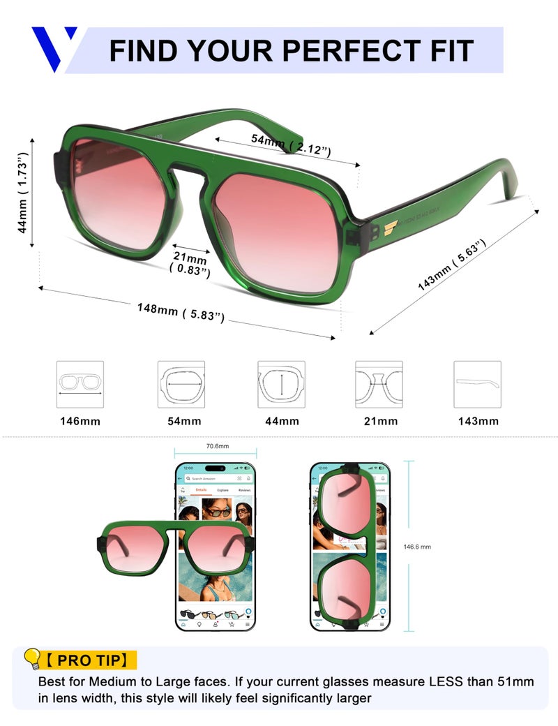 VANLINKER Retro Square Aviator Sunglasses for Women Men 70s Vintage Style Trendy Flat Top Rectangle Sun Glasses VL9826, Green, Gradient Red - Image 5