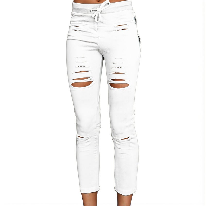 Womens Ripped Stretchy Capri Pants Soft Cotton Blend High Waist White S - Image 2