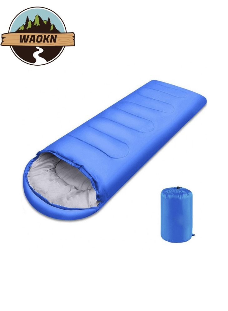 WAOKN Camping Hooded Sleeping Bag Portable Waterproof Sleeping Bag with Compression Sack for Adults Kids Hiking Backpacking Outdoor Adventures Lightweight Cotton Hollow Filled 5-20 Degree Blue