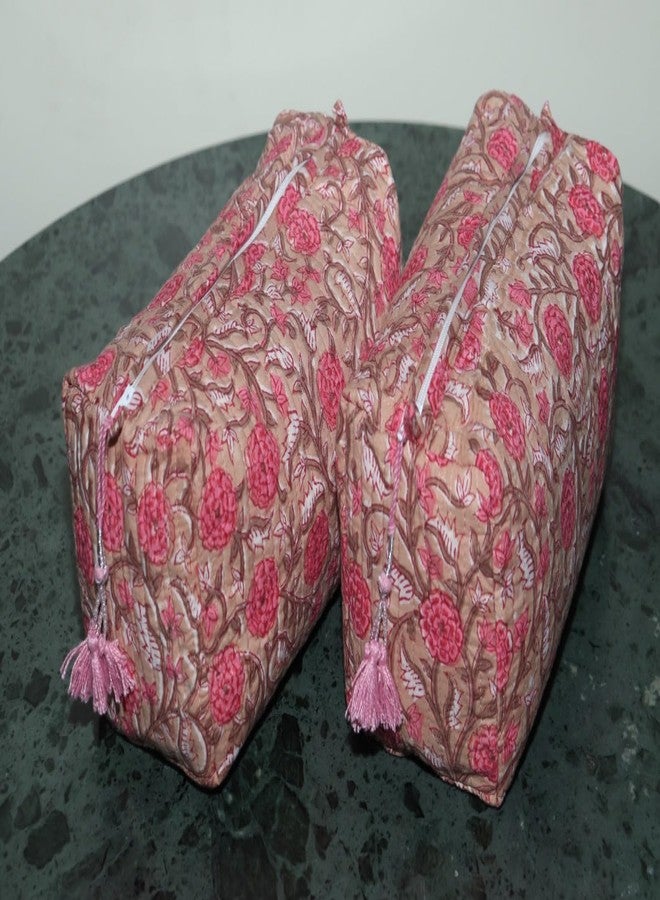 منسوجات جايبور، حقائب غسيل قطنية مطبوعة يدوياً، حقائب أدوات تجميل، حقائب مستحضرات تجميل، حقائب مكياج، حقائب سفر، حقائب زينة | الكمية - طقم من قطعتين، (بني داكن) - Image 5