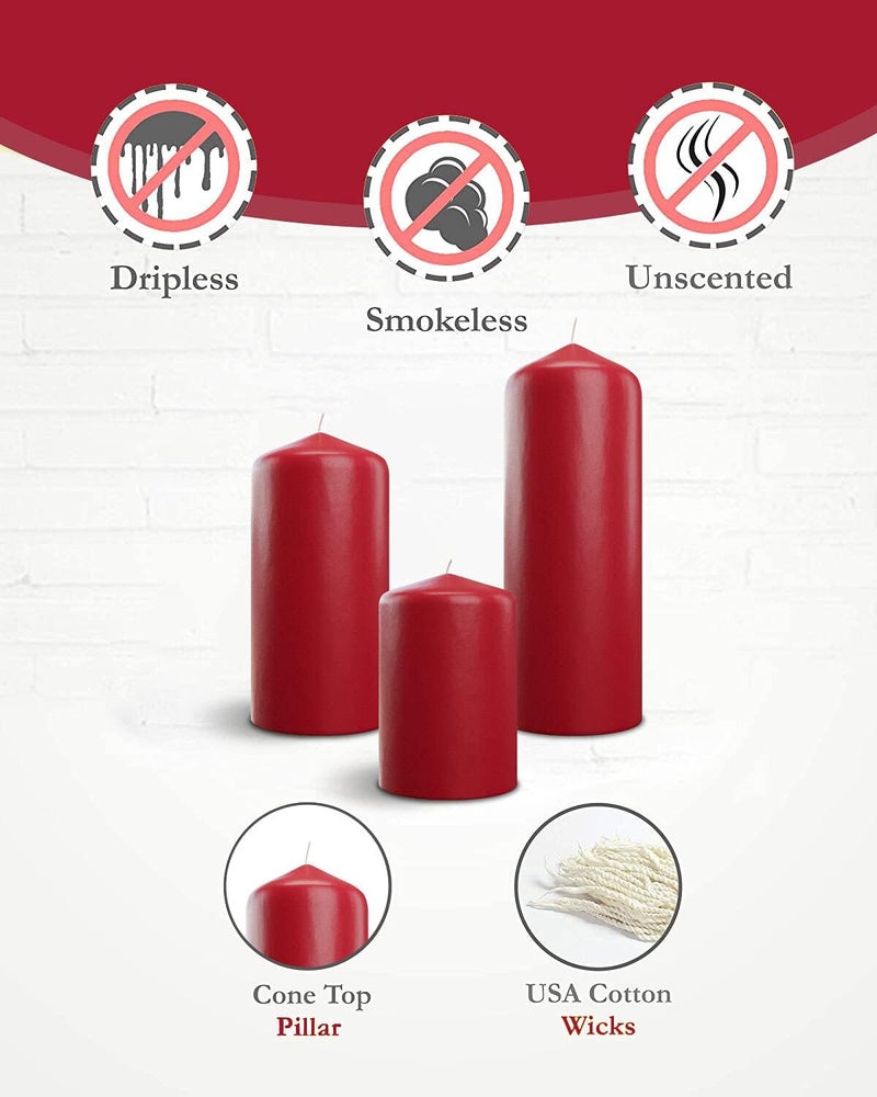 bask Cone Top Pillar Candles - Elegant Red Candles - Set of 3 Red Pillar Candles - 3"x4", 3"x6", and 3" x8 - Smokeless and Dripless Decorative Candles for Home Decor and Relaxation - Image 2