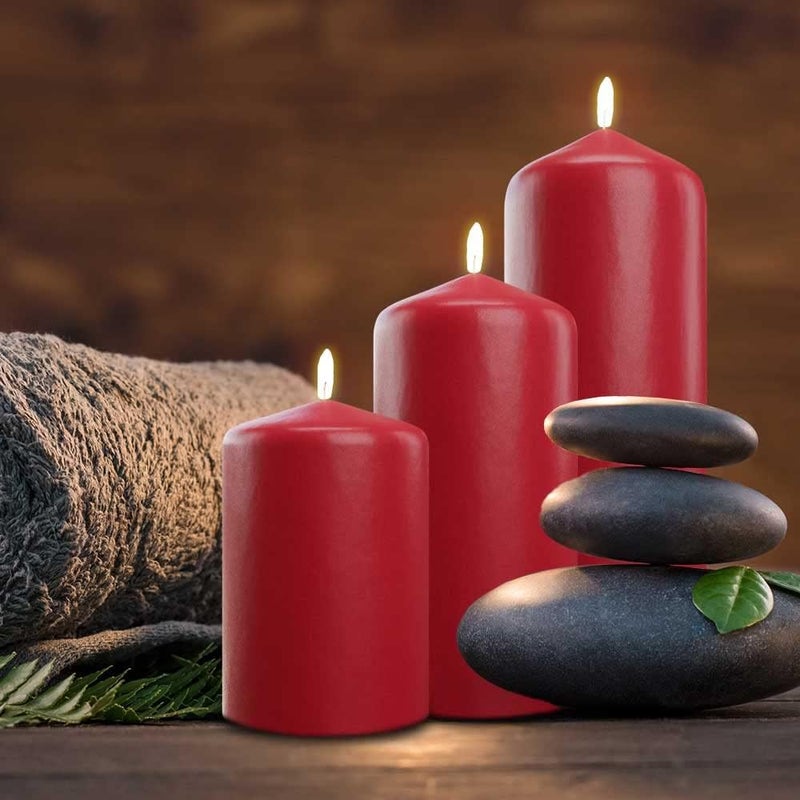 bask Cone Top Pillar Candles - Elegant Red Candles - Set of 3 Red Pillar Candles - 3"x4", 3"x6", and 3" x8 - Smokeless and Dripless Decorative Candles for Home Decor and Relaxation - Image 3