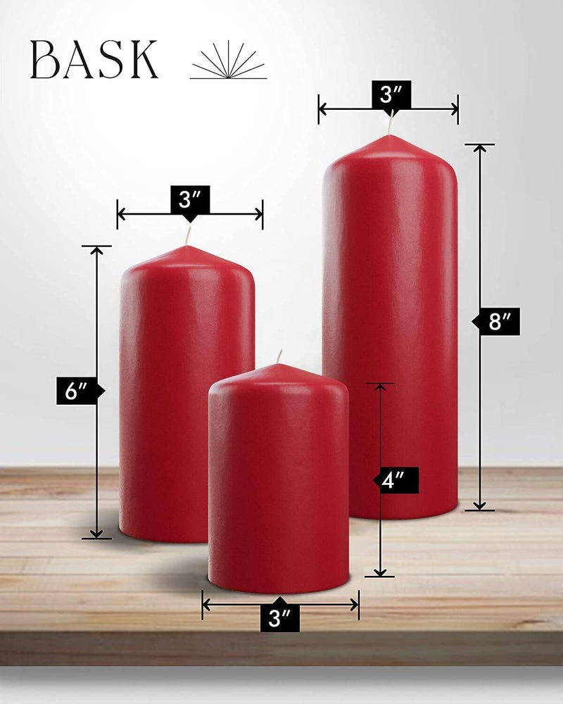 bask Cone Top Pillar Candles - Elegant Red Candles - Set of 3 Red Pillar Candles - 3"x4", 3"x6", and 3" x8 - Smokeless and Dripless Decorative Candles for Home Decor and Relaxation - Image 1