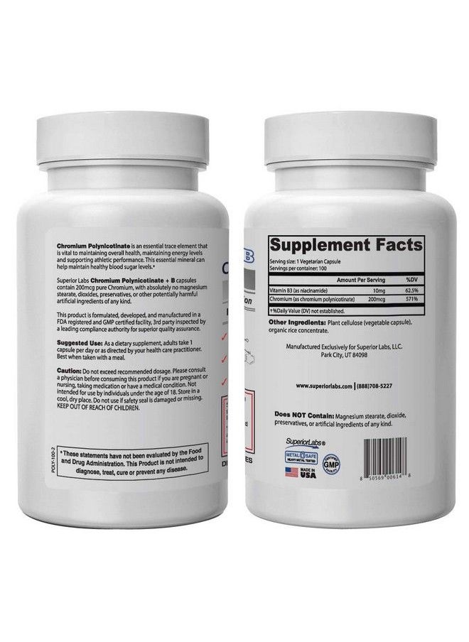 Superior Labs - Pure Chromium Polynicotinate Supplement Made In Usa 200Mcg + Vitamin B3 For Optimal Absorption Veggie Cap 14 Week Supply - Image 1