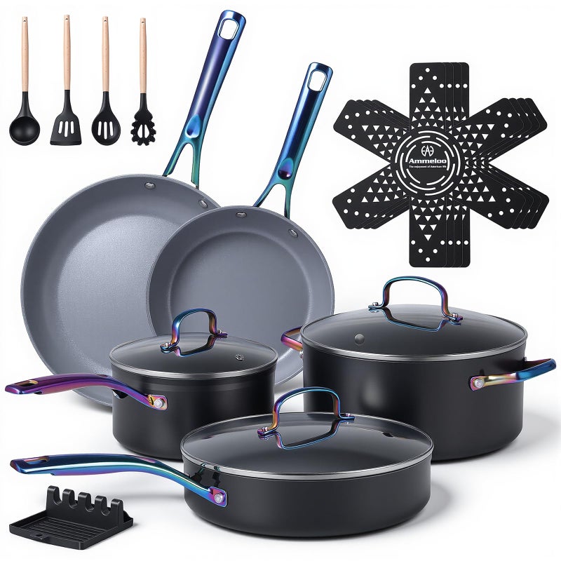 Ammeloo 17 Pcs Ceramic Cookware Set, Induction Pots and Pans Set Non Stick, Premium Colored Stay Cool Handle, Non Toxic PFOA PFOS Free, Oven Safe & Compatible with All Stovetops, Black - Image 1