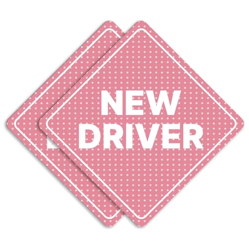 GEEKBEAR New Driver Car Sign - Sticker or Magnet & Color Options, Weather-Resistant - Diamond Shape 6.8 x 6.8 in (See-Through Sticker, Light Pink, 2 Pack) - Image 1