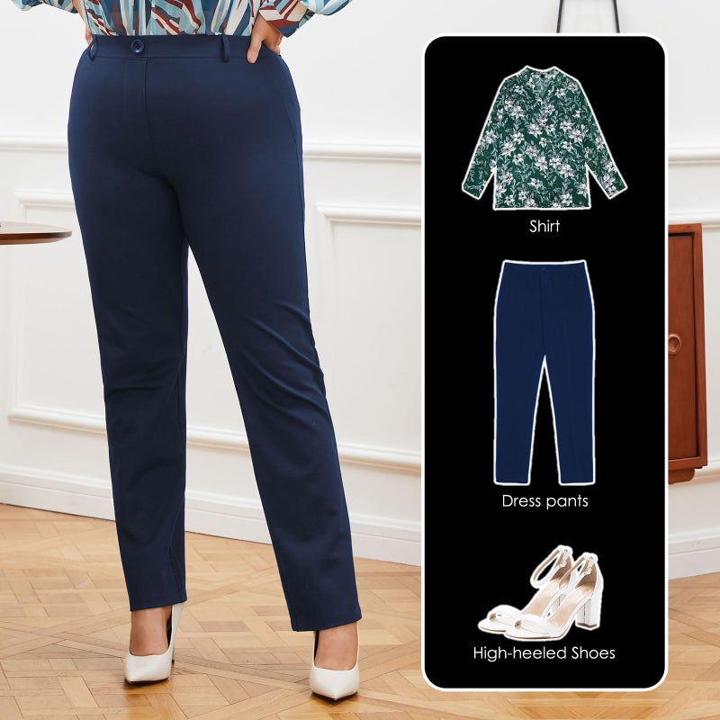 DGD Plus Size Women's Straight-Leg Dress Pants - Slacks for Business Casual,Work Clothes for Office Blue 2XL - Image 3