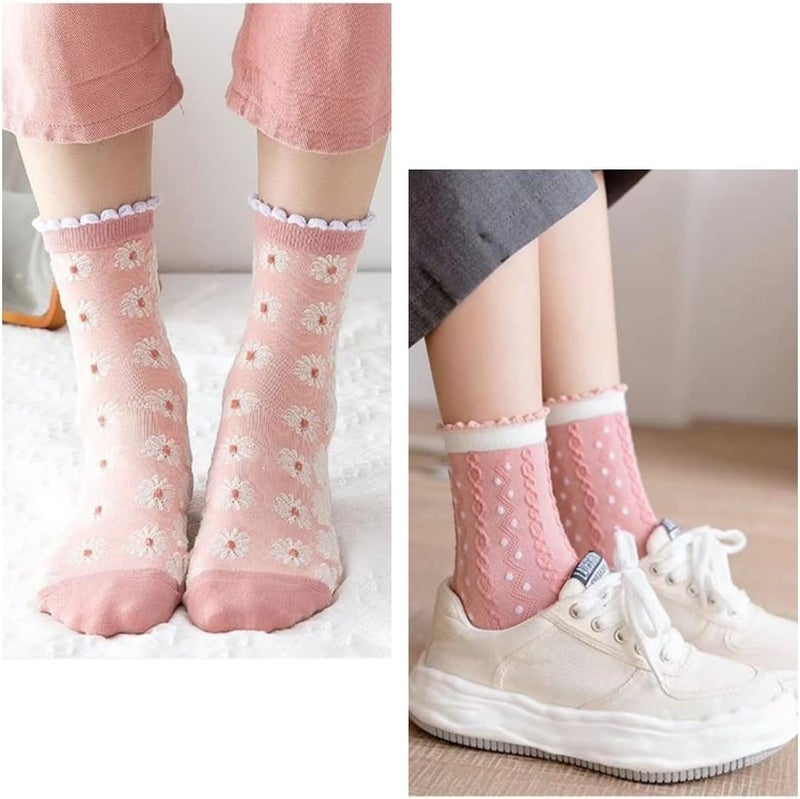 MarJunSep Cute Floral Crew Socks for Women Teen Girls Flower Cottagecore Frilly Vintage Fancy Cotton Socks Pink Flower Socks - Image 2