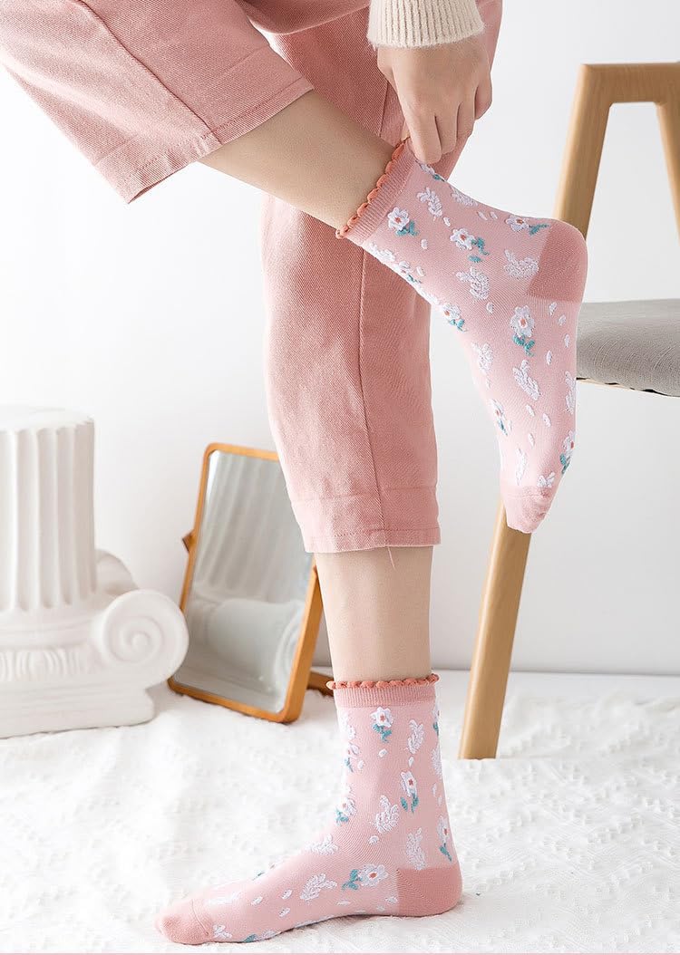 MarJunSep Cute Floral Crew Socks for Women Teen Girls Flower Cottagecore Frilly Vintage Fancy Cotton Socks Pink Flower Socks - Image 3
