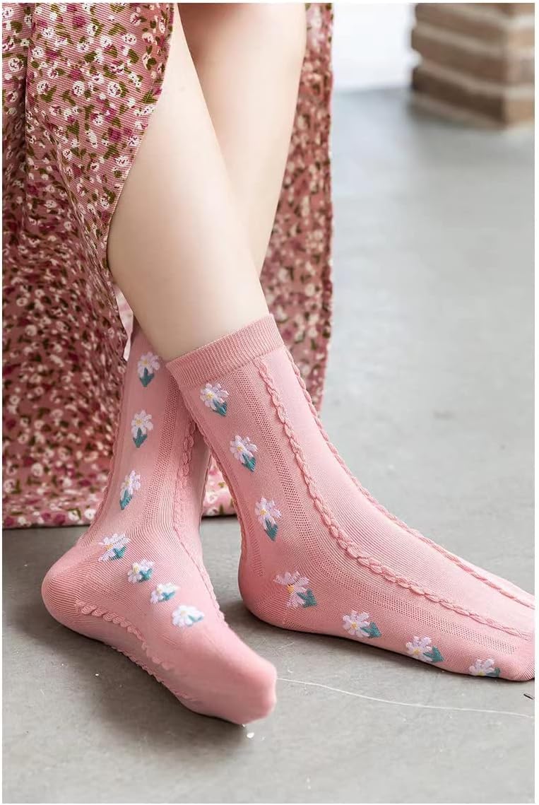 MarJunSep Cute Floral Crew Socks for Women Teen Girls Flower Cottagecore Frilly Vintage Fancy Cotton Socks Pink Flower Socks - Image 4