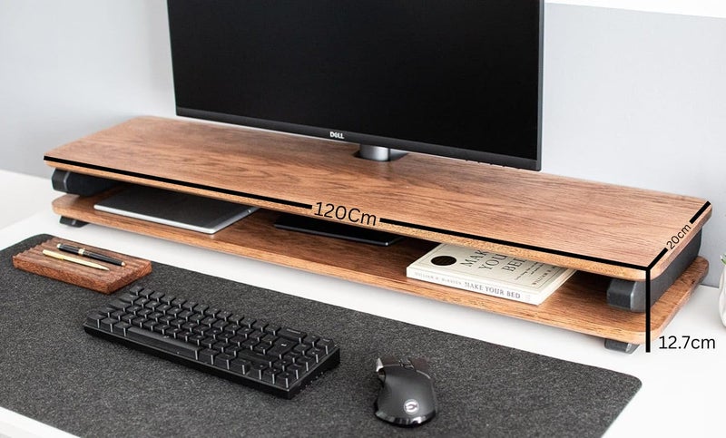 carpentray Store Wooden Monitor Stand with Storage Organizer for Desk with Wire Hole, Tables, Office, Home, Studio, Study Table | Monitor Stand Riser (Black Legs, 120Cm Long) - Image 3