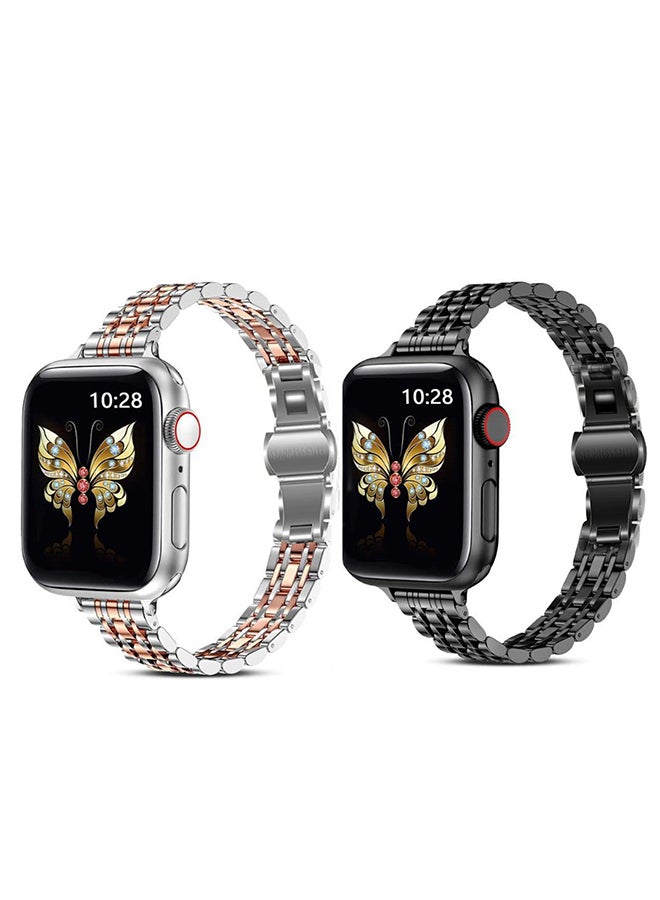 O Ozone أحزمة معدنية رفيعة لساعة Apple Watch Band مقاس 38 مم و40 مم و40 مم و41 مم لسلسلة iWatch SE/8/7/6/5/4/3/2/1 - فضي وردي ذهبي/أسود - Image 1