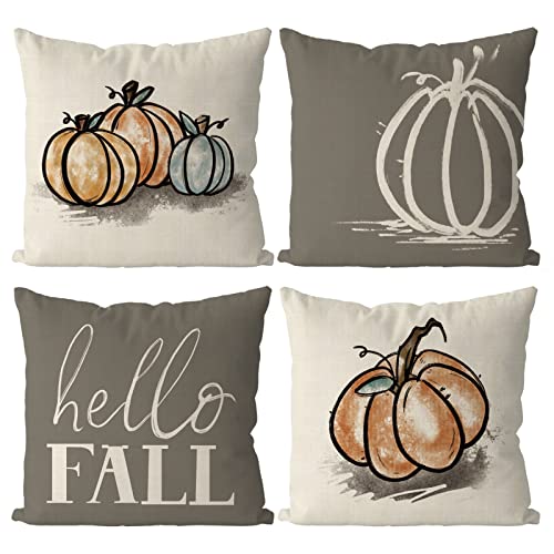 GAGEC Fall Pillow Covers 18x18 Inch Pumpkins Grey Autumn Harvest Hello Fall Throw Pillowcase Holiday Home Decor Sofa Bedroom Cushion Case Outdoor Indoor Decorations Set of 4 - Image 1