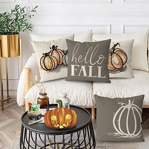 GAGEC Fall Pillow Covers 18x18 Inch Pumpkins Grey Autumn Harvest Hello Fall Throw Pillowcase Holiday Home Decor Sofa Bedroom Cushion Case Outdoor Indoor Decorations Set of 4 - Image 5
