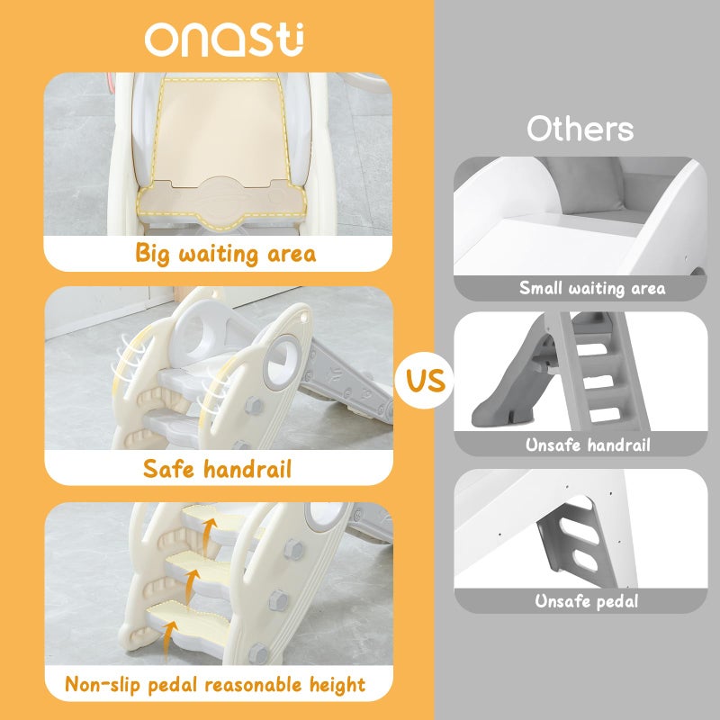 Onasti Kids Slide for Toddlers Age 1-3 Indoor Baby Plastic Slide Outdoor Climber Freestanding Playset with Basketball Hoop & Ring Game Grey - Image 5
