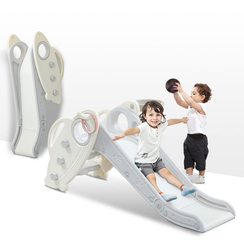 Onasti Kids Slide for Toddlers Age 1-3 Indoor Baby Plastic Slide Outdoor Climber Freestanding Playset with Basketball Hoop & Ring Game Grey - Image 1