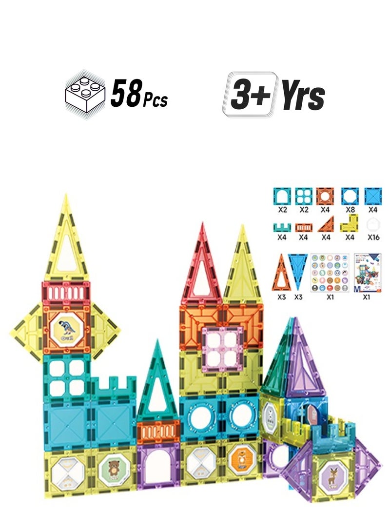 Loquat 58pcs Magnetic Building Blocks, Magnetic Building Tiles with Stickers, Creative 3D Shapes for Early Learning - Image 1