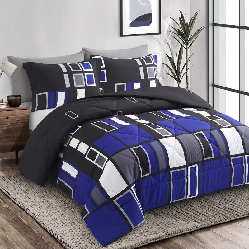 ARTALL Microfiber 3 Pieces Comforter Set Blue Gray Black Plaid Pattern Lightweight Bedding Set King Size with 2 Shams
