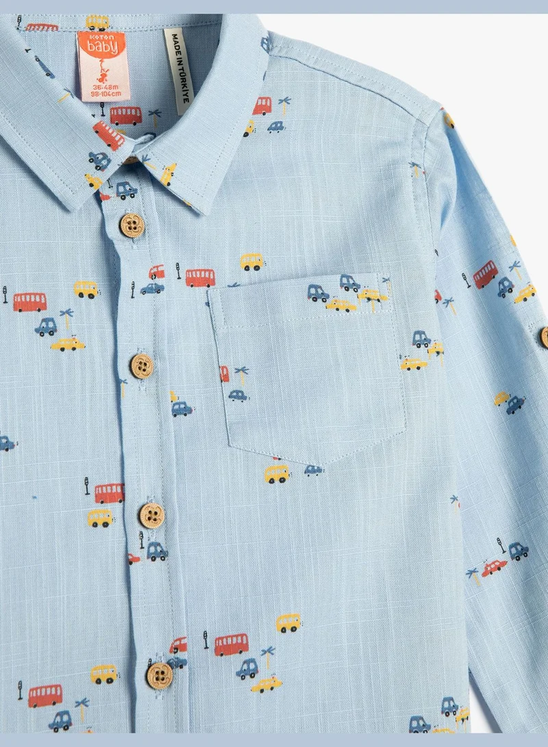 كوتون Shirt Long Sleeve Cotton Car Printed Pocket Detail