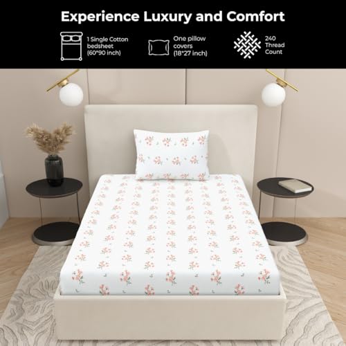 Plumora Single Bed Cotton Bedsheet with 1 Pillow Cover, 100% Pure Cotton Single Bedsheet 60×90 Inches, 240 TC Soft Breathable Floral Bed Sheet – (Citrus Breeze) - Image 2