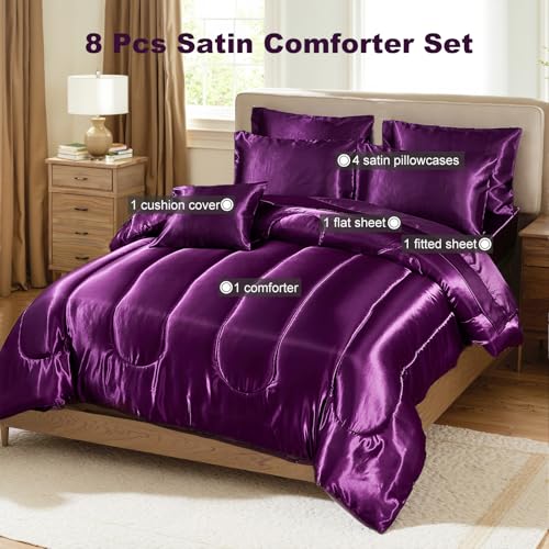 Bedding_Dreamer Satin Comforter Set Queen Size, 8 Piece Bed in a Bag Purple with Sheets, Silky Soft Polyester Satin Bedding Set, Lightweight, 16 Inch Deep Pocket, Elegant Luxury Style - Image 2