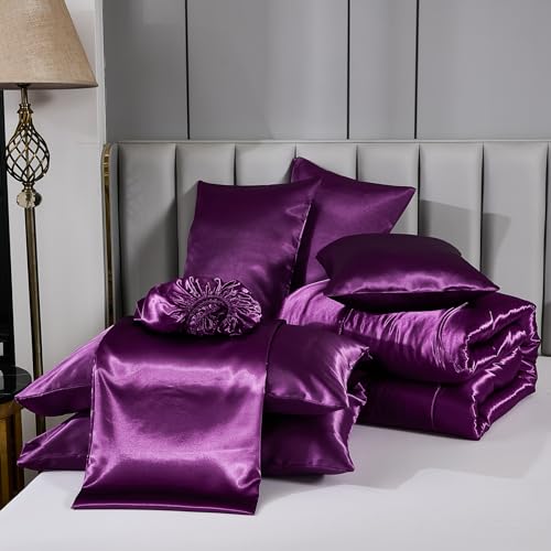 Bedding_Dreamer Satin Comforter Set Queen Size, 8 Piece Bed in a Bag Purple with Sheets, Silky Soft Polyester Satin Bedding Set, Lightweight, 16 Inch Deep Pocket, Elegant Luxury Style - Image 5