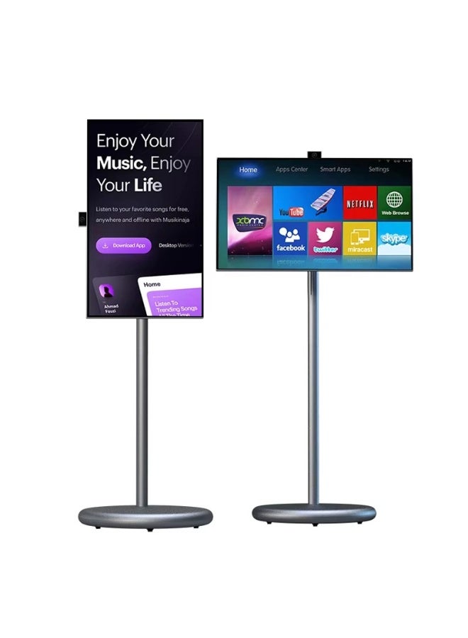 Taktik portable smart screen 27 inch android 15 monitor, ips full hd display, octa-core processor, 6gb ram 128gb storage, 90 degree rotation stand, built-in sliding camera, 3d stereo speakers, 9000mah battery, grey color, indoor smart display - Image 1