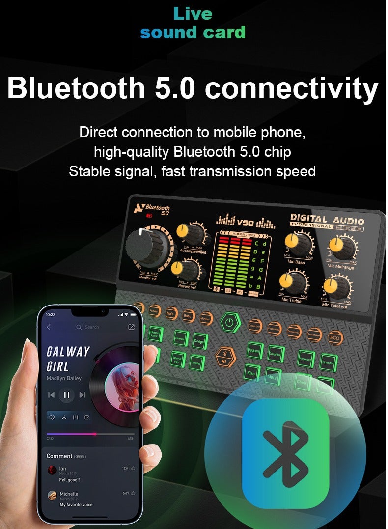 V90 Sound Card Mixer, Voice Changer, Mobile Phone, Computer, Live Streaming, Karaoke Recording, Recording Sound Effects, Bluetooth Accompaniment - Image 4