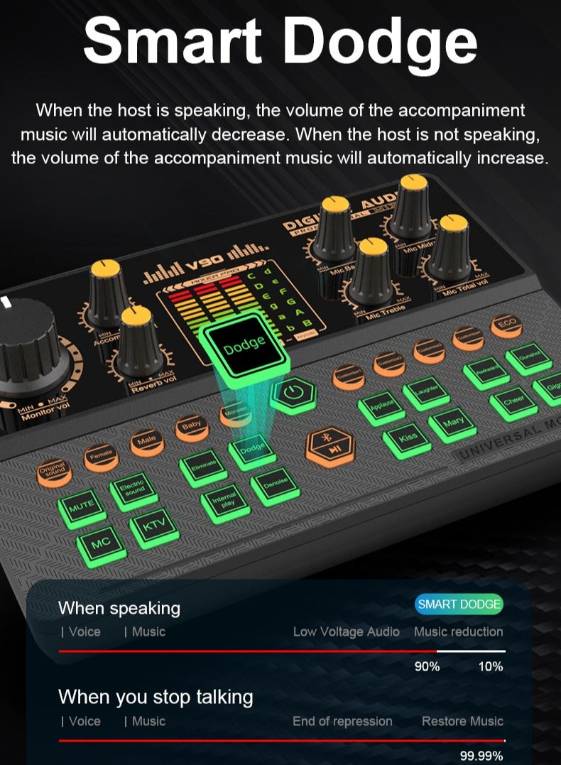 V90 Sound Card Mixer, Voice Changer, Mobile Phone, Computer, Live Streaming, Karaoke Recording, Recording Sound Effects, Bluetooth Accompaniment - Image 5