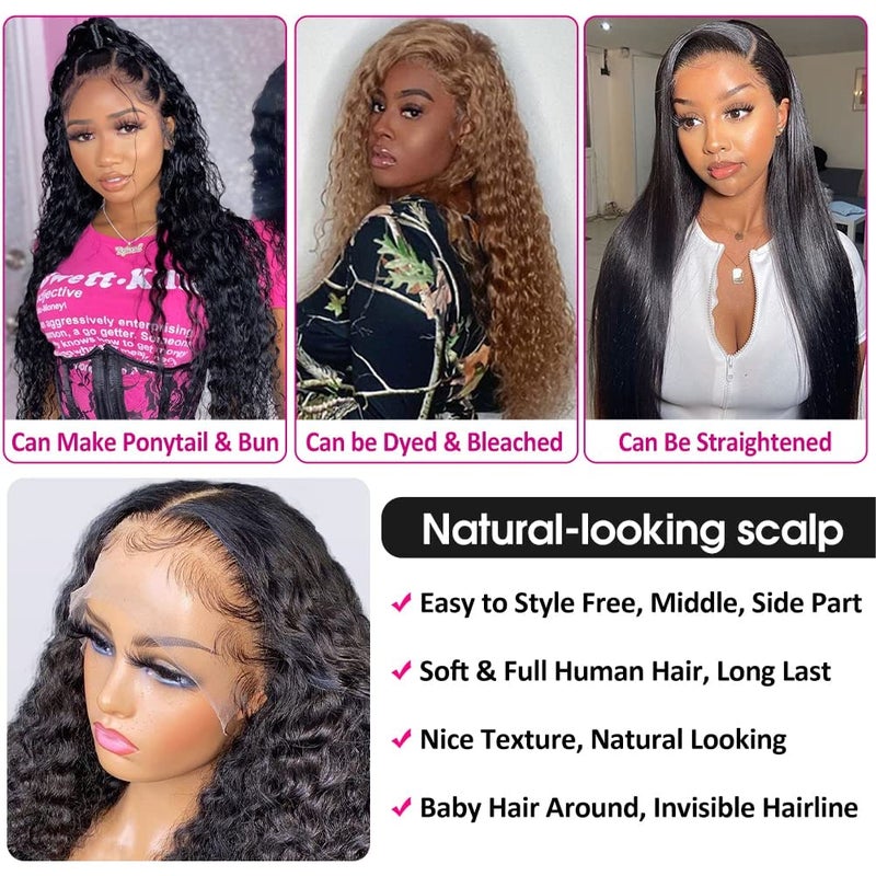 Pizazz 220% Density Deep Wave Human Hair Wigs for Black Women 13x4 Glueless HD Transparent Lace Front Wigs Human Hair With Baby Hair Natural Color(16 Inch) - Image 4