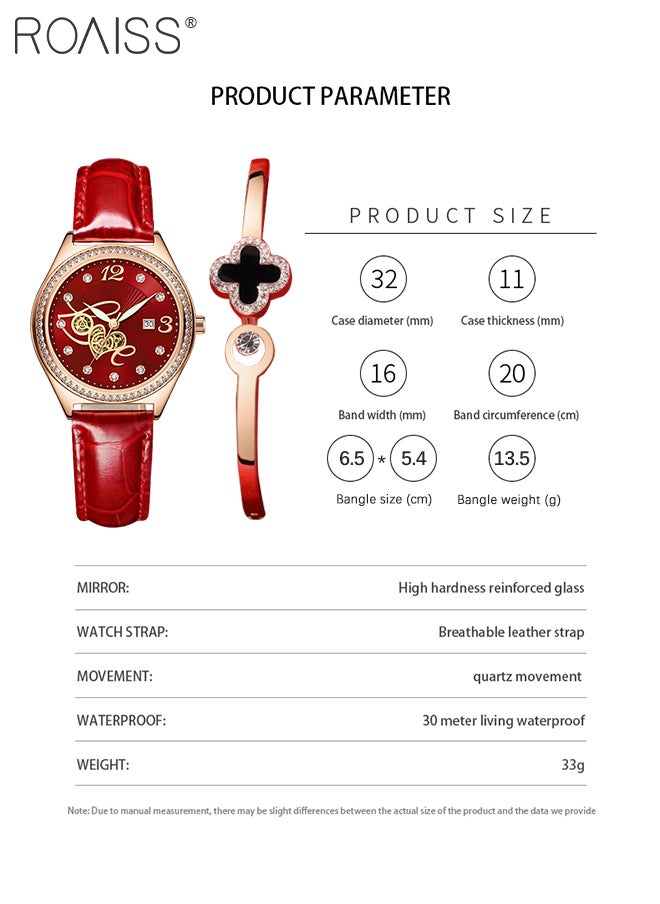 roaiss 2PCS Women's Leather Strap Bracelet Watch Set Analog Display Round Dial Quartz Watch with Four-Leaf Clover Bracelet Elegant Watch Set as Gift for Ladies  - Image 4