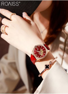 roaiss 2PCS Women's Leather Strap Bracelet Watch Set Analog Display Round Dial Quartz Watch with Four-Leaf Clover Bracelet Elegant Watch Set as Gift for Ladies  - Image 2