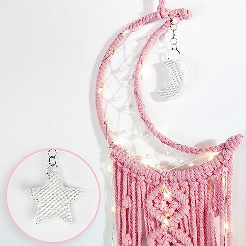 ANROYE Macrame Moon Dream Catcher for Girl, Pink Boho Crescent Dreamcatcher for Bedroom Adult, Handmade Kids Nursery Room Wall Hanging with Star Pendant for Teen, Bohemian Home Decoration Idea - Image 2