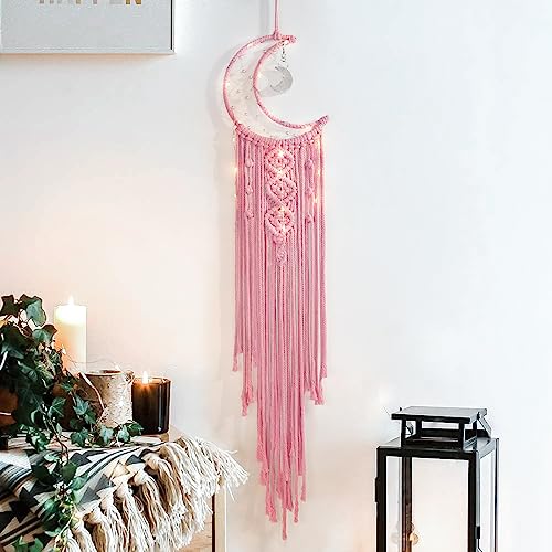 ANROYE Macrame Moon Dream Catcher for Girl, Pink Boho Crescent Dreamcatcher for Bedroom Adult, Handmade Kids Nursery Room Wall Hanging with Star Pendant for Teen, Bohemian Home Decoration Idea - Image 1