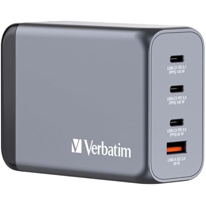 VERBATIM GAN CHARGER 240 W, 4 PORTS USB-C CHARGER, POWER ADAPTER WITH 3 X USB-C AND 1 X USB-A, FAST CHARGER AS MULTIPLE PLUG, FOR APPLE MACBOOK, NOTEBOOK, IPAD, IPHONE - Image 1