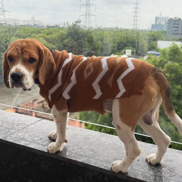 Lulala Dog Sweater – Cozy Warm Knitted Coat for Small & Medium Dogs, Brown with White Zigzag Pattern – Soft & Comfortable Winter Apparel for Pets - Image 1