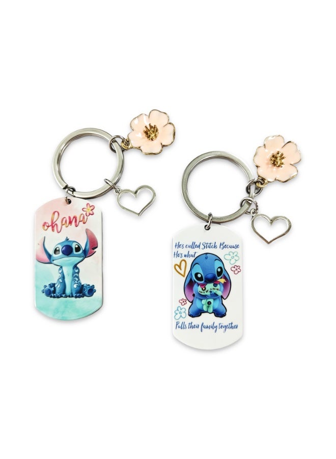 2-Piece Lilo & Stitch Keychain Set with Watercolor Flower & Heart Charms - Image 1