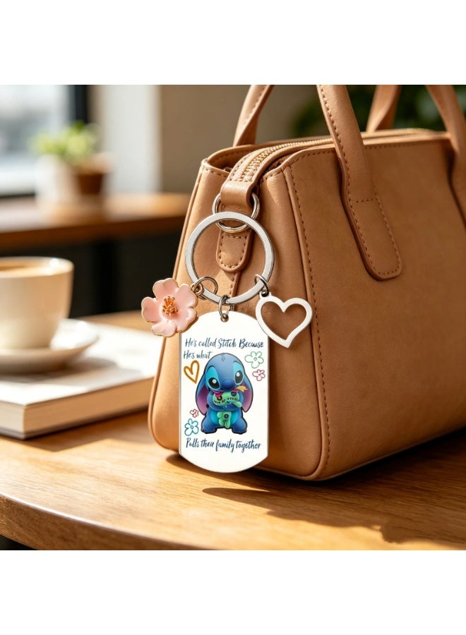 2-Piece Lilo & Stitch Keychain Set with Watercolor Flower & Heart Charms - Image 3