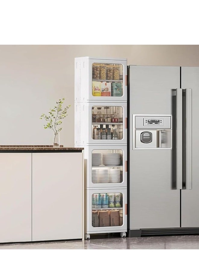 خزانة التخزين القابلة للطي ، منظمات تخزين الحمام البلاستيكية من 4 طبقات مع الأبواب والعجلات ، صناديق تنظيم الأرضية لصناديق التخزين الضيقة للمساحات الصغيرة غسيل مطبخ الحمام (أبيض ، 4 طبقة) - Image 1