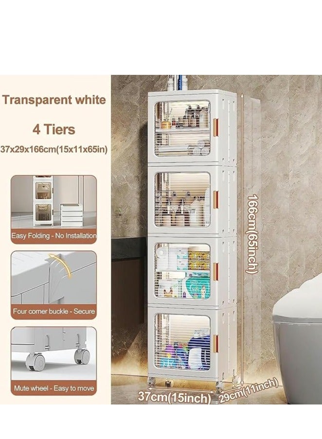 خزانة التخزين القابلة للطي ، منظمات تخزين الحمام البلاستيكية من 4 طبقات مع الأبواب والعجلات ، صناديق تنظيم الأرضية لصناديق التخزين الضيقة للمساحات الصغيرة غسيل مطبخ الحمام (أبيض ، 4 طبقة) - Image 2