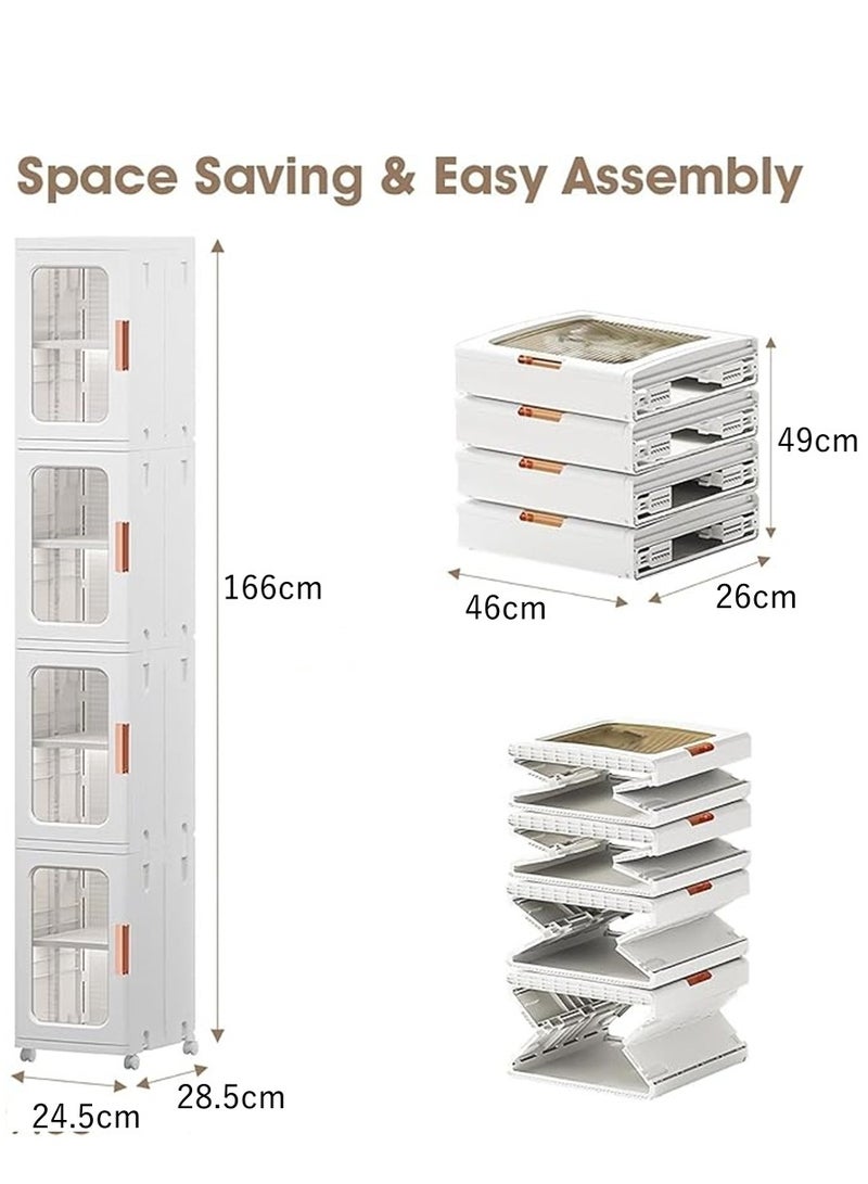 خزانة التخزين القابلة للطي ، منظمات تخزين الحمام البلاستيكية من 4 طبقات مع الأبواب والعجلات ، صناديق تنظيم الأرضية لصناديق التخزين الضيقة للمساحات الصغيرة غسيل مطبخ الحمام (أبيض ، 4 طبقة) - Image 3