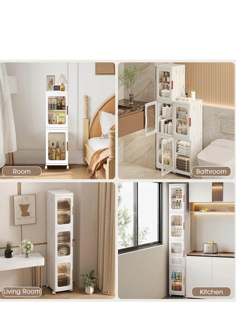 خزانة التخزين القابلة للطي ، منظمات تخزين الحمام البلاستيكية من 4 طبقات مع الأبواب والعجلات ، صناديق تنظيم الأرضية لصناديق التخزين الضيقة للمساحات الصغيرة غسيل مطبخ الحمام (أبيض ، 4 طبقة) - Image 5
