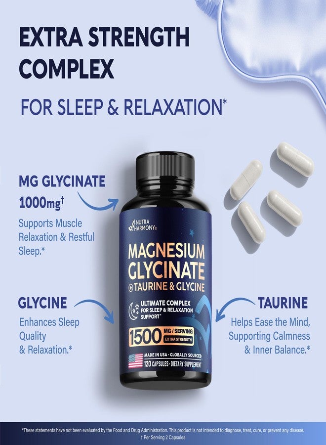 NUTRAHARMONY Magnesium Glycinate - Sleep & Relaxation Support - Extra Strength Glycinate, Glycine & Taurine 1500 mg - Magnesium Supplement for Women & Men - Chelated & High Absorption - Made in USA - 120 Capsules - Image 5